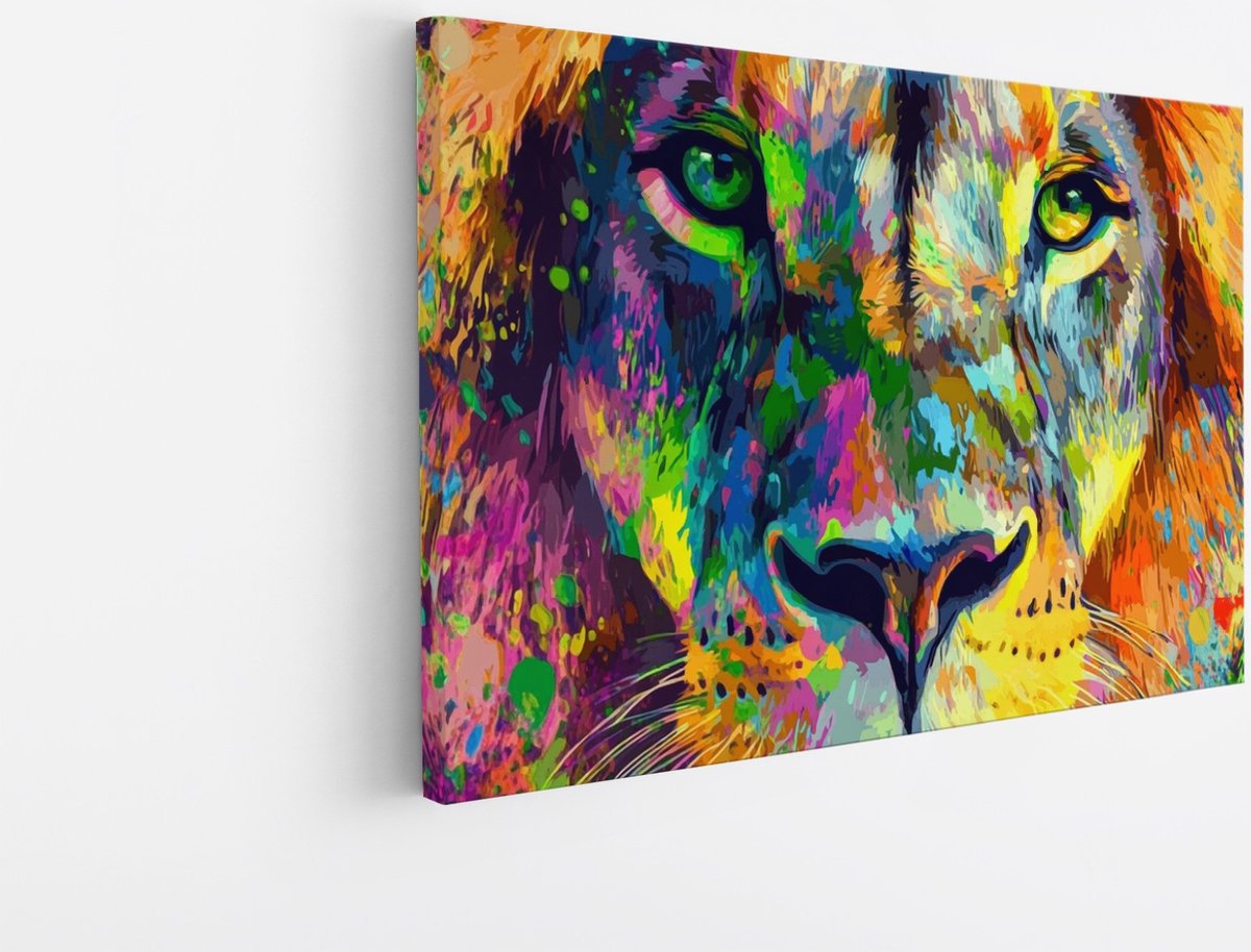 Saammp Canvas Schilderij - Leeuw met kleurrijke verfspetters - Dieren - Abstract - 90x60 - Foto op canvas - Wanddecoratie - Muurdecoratie Woonkamer - Slaapkamer decoratie - Canvas Print Multicolor