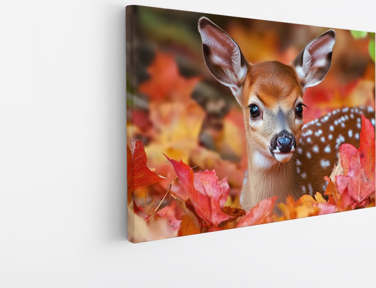 Saammp Canvas Schilderij - Kalfjes hert tussen de bladeren - Natuur - Dieren - 45x30 - Foto op canvas - Wanddecoratie - Muurdecoratie Woonkamer - Slaapkamer decoratie - Canvas Print Multicolor