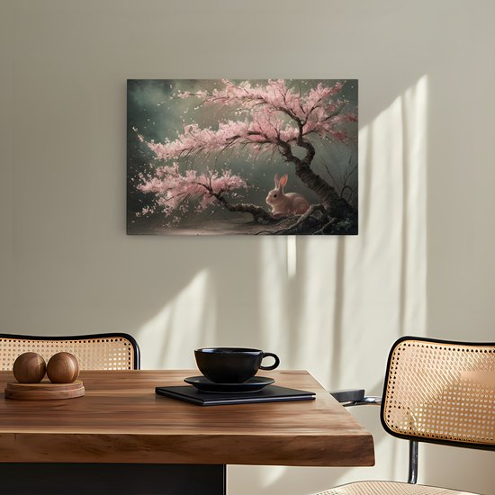 Saammp Canvas Schilderij - Haas bij roze boom - Landschap - Natuur - 150x100 - Foto op canvas - Wanddecoratie - Muurdecoratie Woonkamer - Slaapkamer decoratie - Canvas Print