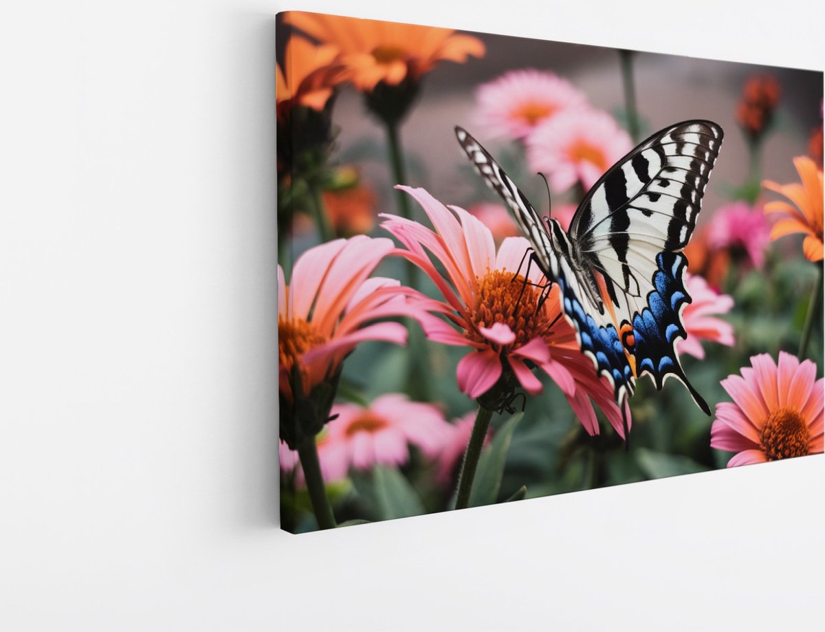 Saammp Canvas Schilderij -Vlinder op roze bloem - Dieren - 30x20 - Foto op canvas - Wanddecoratie - muurdecoratie Woonkamer - Slaapkamer decoratie - Canvas Print Multicolor