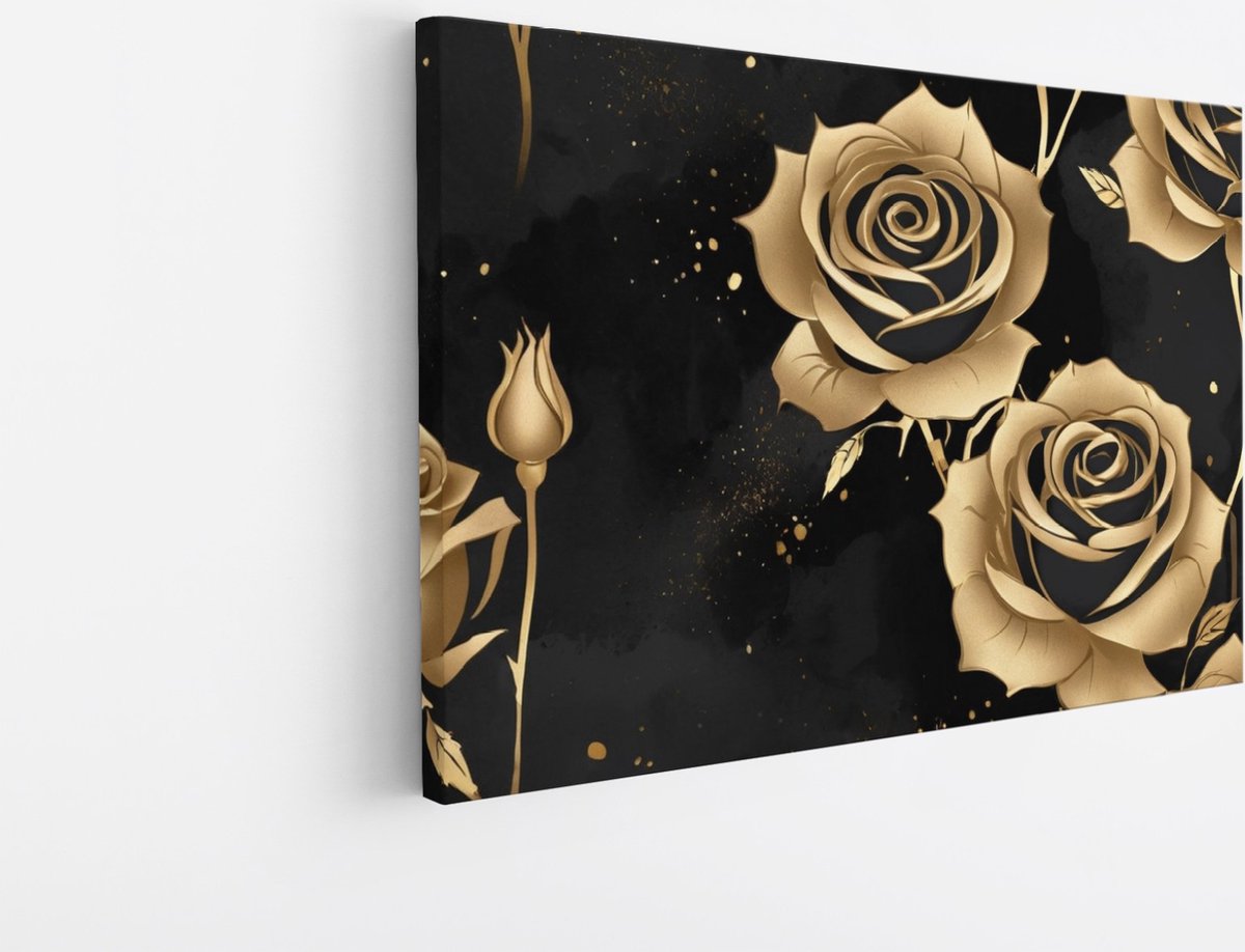 Saammp Canvas Schilderij - Bloemen - Zwart - Goud - Simpel - Abstract - 45x30 - Foto op canvas - Wanddecoratie - Muurdecoratie Woonkamer - Kantoor Decoratie Multicolor