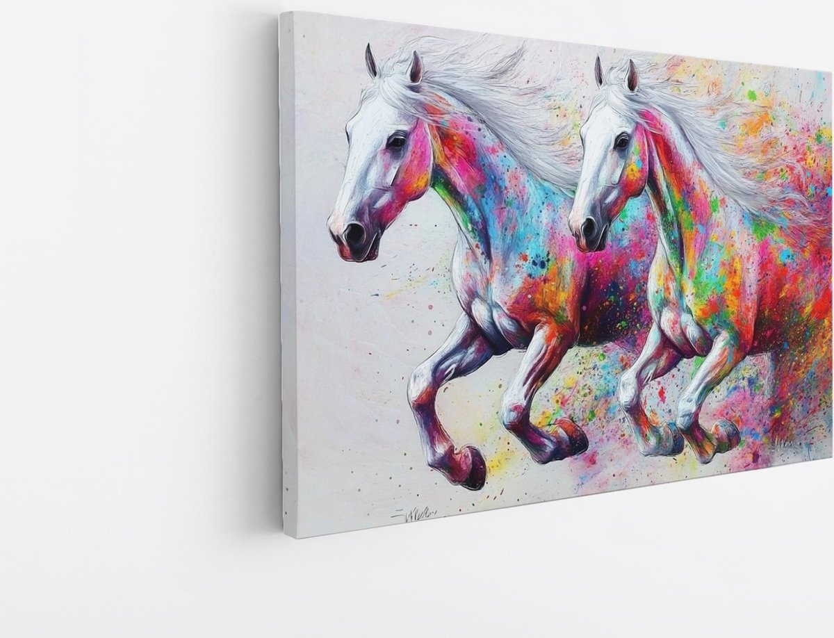 Saammp Canvas Schilderij - 2 Kleurrijke abstracte paarden - Dieren - Natuur - 70x50 - Foto op canvas - Wanddecoratie - muurdecoratie Woonkamer - Slaapkamer decoratie - Canvas Print Multicolor