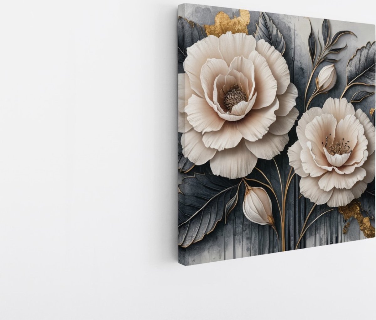Saammp Canvas Schilderij - 2 witte bloemen - Abstract - 100x100 - Foto op canvas - Wanddecoratie - Muurdecoratie Woonkamer - Kantoor Decoratie Multicolor