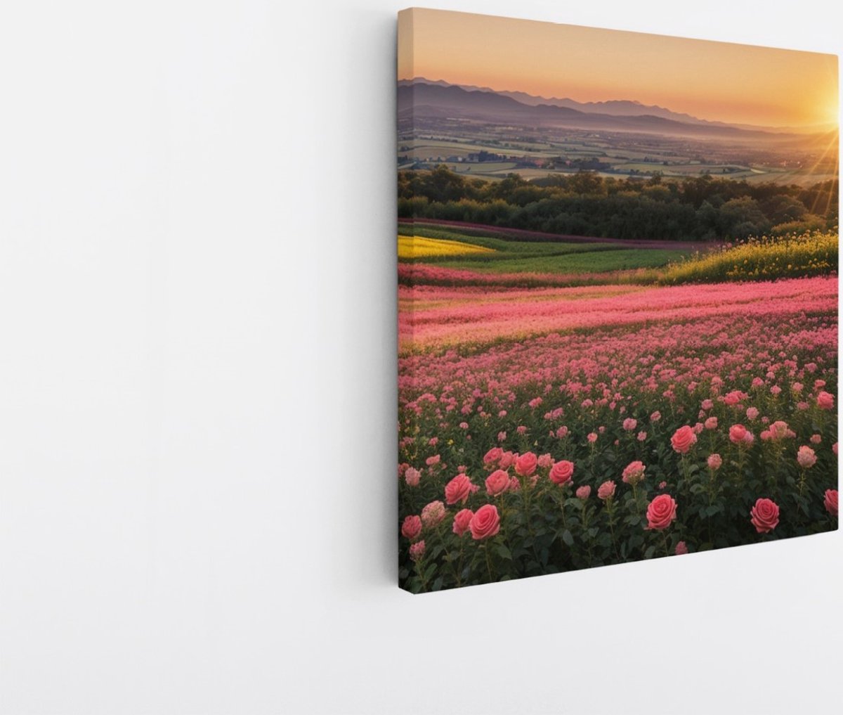 Saammp Canvas Schilderij - Landschap - Roze Bloemenveld met zonsondergang - Natuur - 60x60 - Foto op canvas - Wanddecoratie - Muurdecoratie Woonkamer - Slaapkamer decoratie - Canvas Print Multicolor
