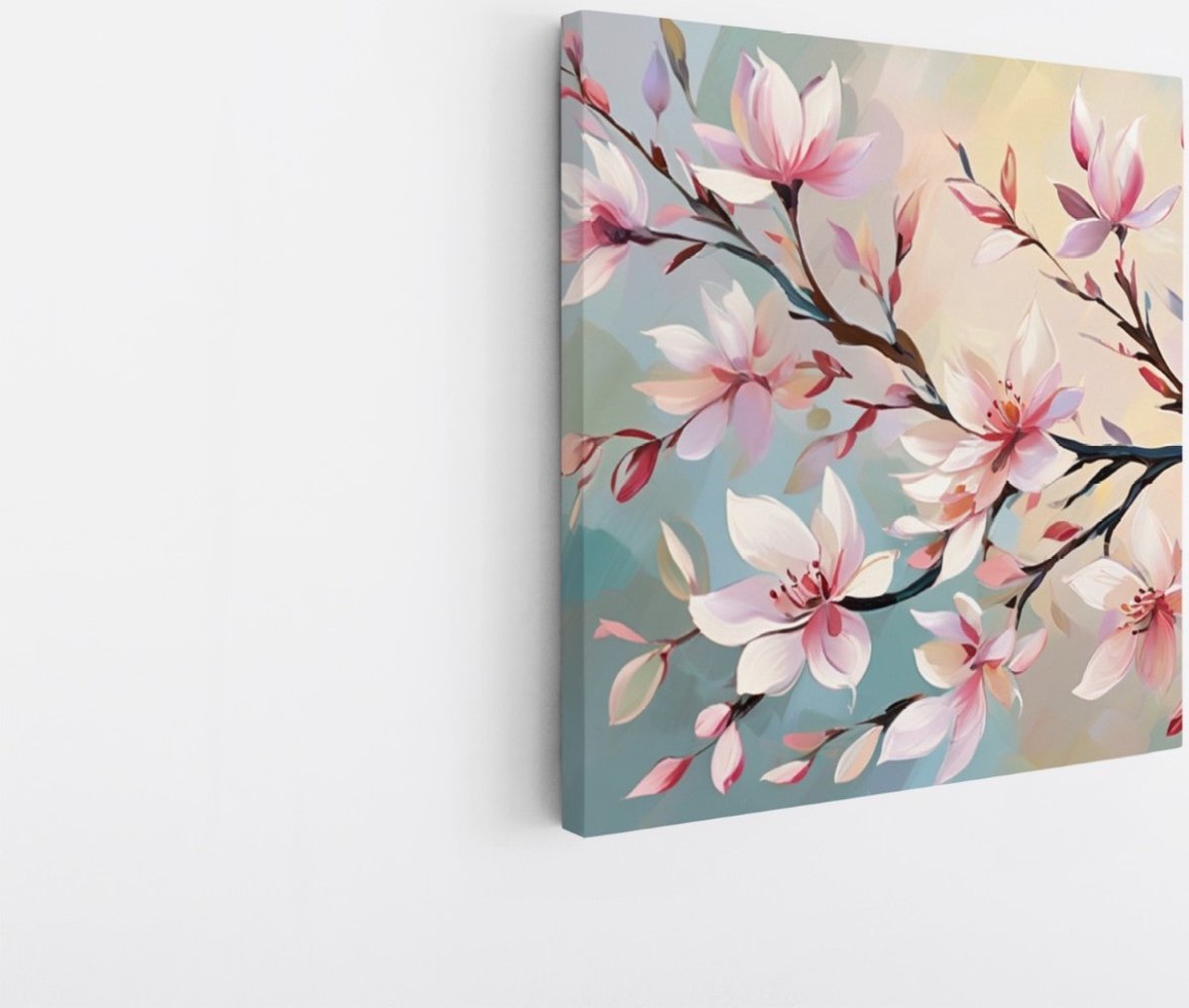 Saammp Canvas Schilderij - Roze bloemen aan tak - Abstract - 40x40 - Foto op canvas - Wanddecoratie - Muurdecoratie Woonkamer - Kantoor Decoratie Multicolor