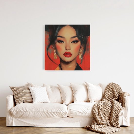 Peinture abstraite d'une femme asiatique aux cheveux relevés, lèvres rouges et boucles d'oreilles dorées, sur fond rouge.