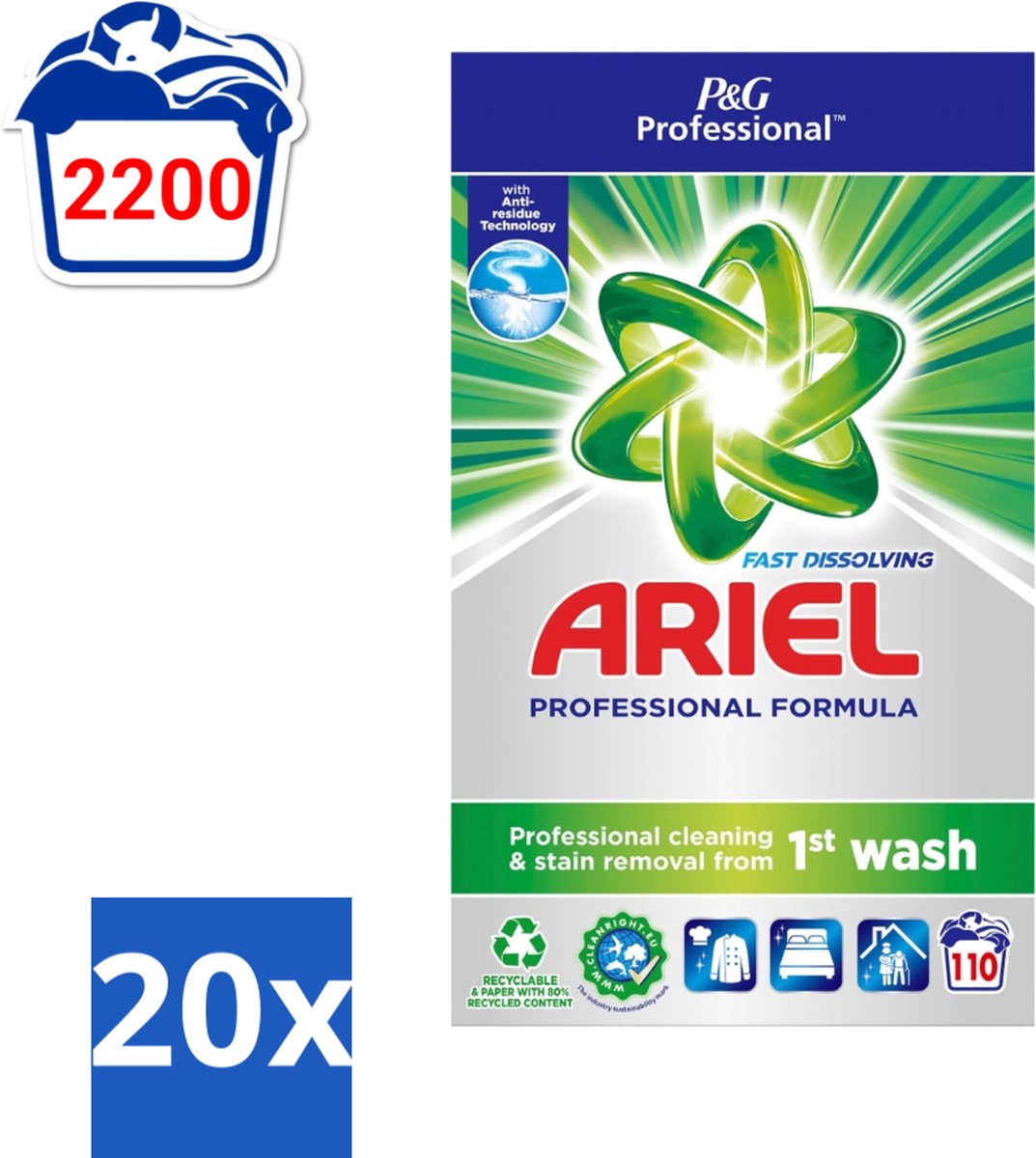 20 x Ariel Actilift - Waspoeder en Vlekverwijderaar - Witte en Lichtgekleurde Was - 110 Wasbeurten - Waspoeder - Was - Vlekverwijderaar - Witte Was - Lichtgekleurde Was