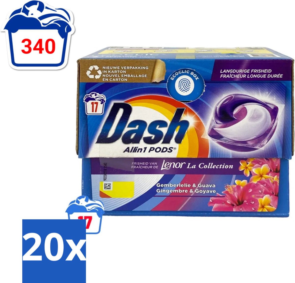 20 x Dash - Lenor Collectie - Wasmiddel Capsules - All-in-1 Pods - Witte en Gekleurde Was - Gemberlelie & Guava - 17 Wasbeurten - Voordeelverpakking - 20 stuks