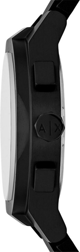 Zijkant van een zwart horloge met A|X logo en knoppen.