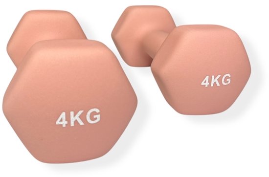 Deux haltères roses de 4 kg avec des extrémités hexagonales.