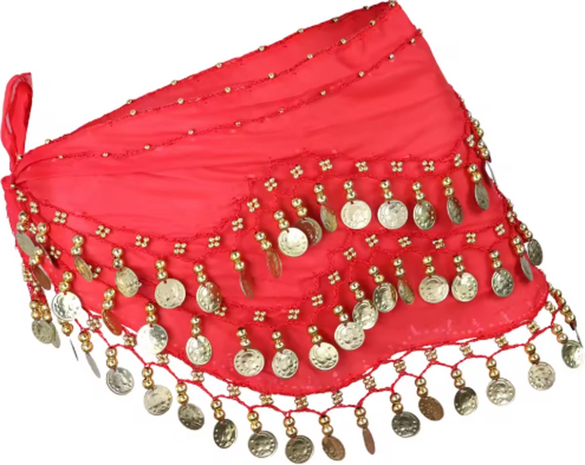 Scoby - Buikdans Sjaal - Gouden Muntjes - Belly Dance Shawl - Dansaccessoire - Buikdans Kostuum - 150cm - Rood