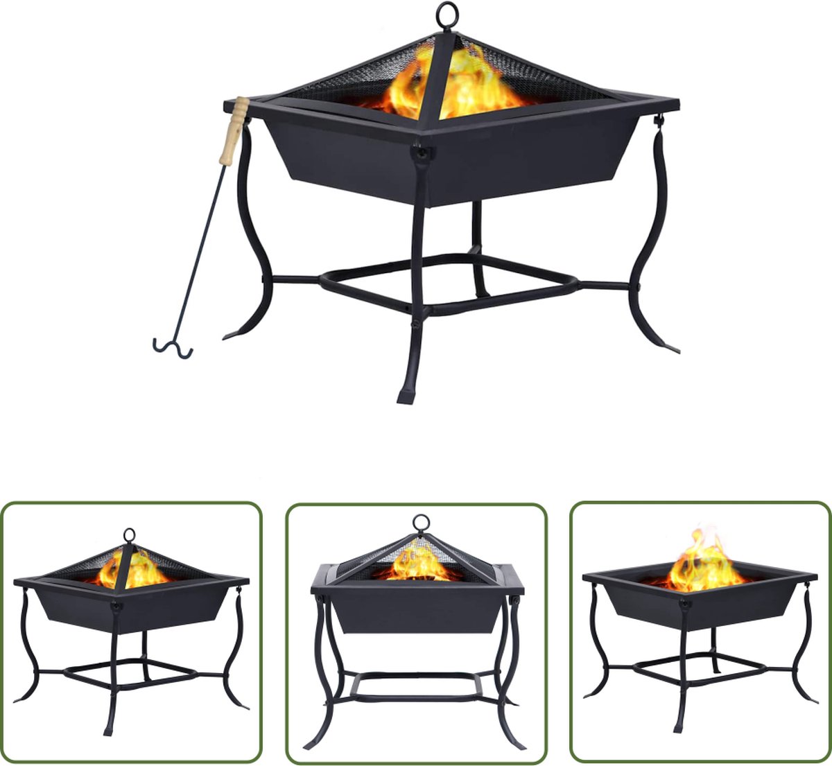 Moderne zwarte vuurkorf van staal voor tuinverwarming en BBQ-set, afmetingen 42x42x45 cm.