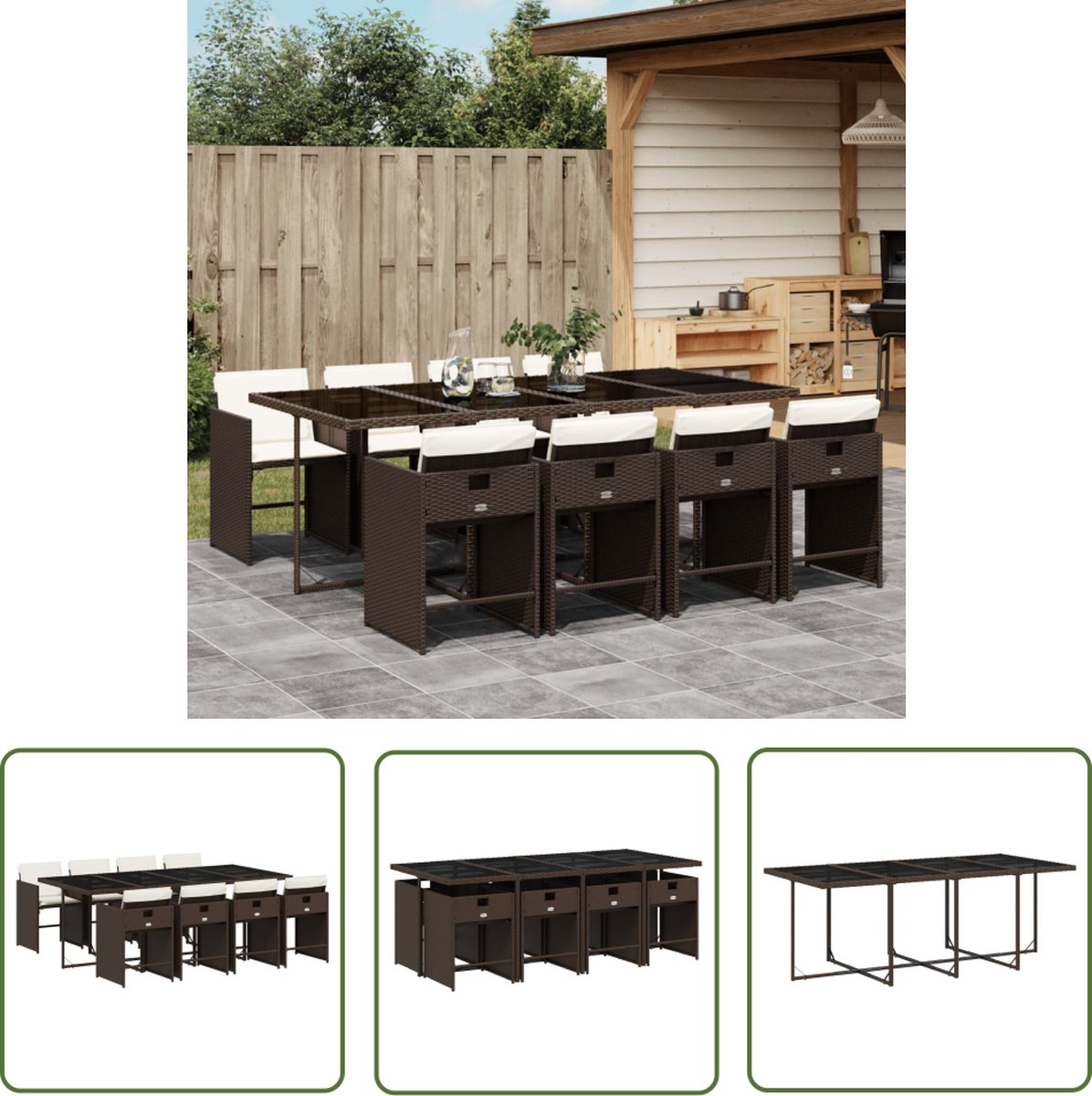 The Living Store 9-delige Tuinset met kussens poly rattan bruin - Tuinset - Buitendecoratie - Lounge Set - Eetkamerset - PE-rattan