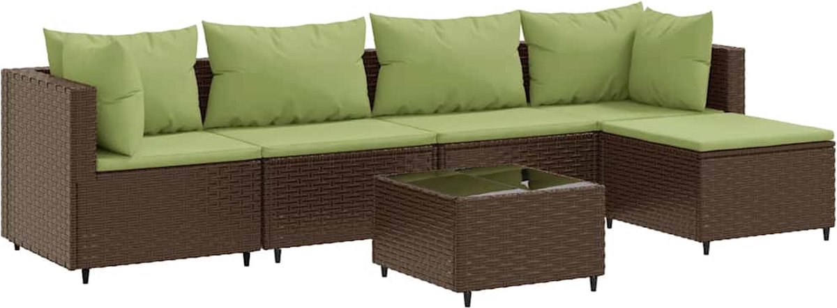 The Living Store 6-delige Loungeset met kussens poly rattan bruin - Tuin Lounge Set - Loungebank - PE Rattan - Buitendecoratie - Outdoor Furniture