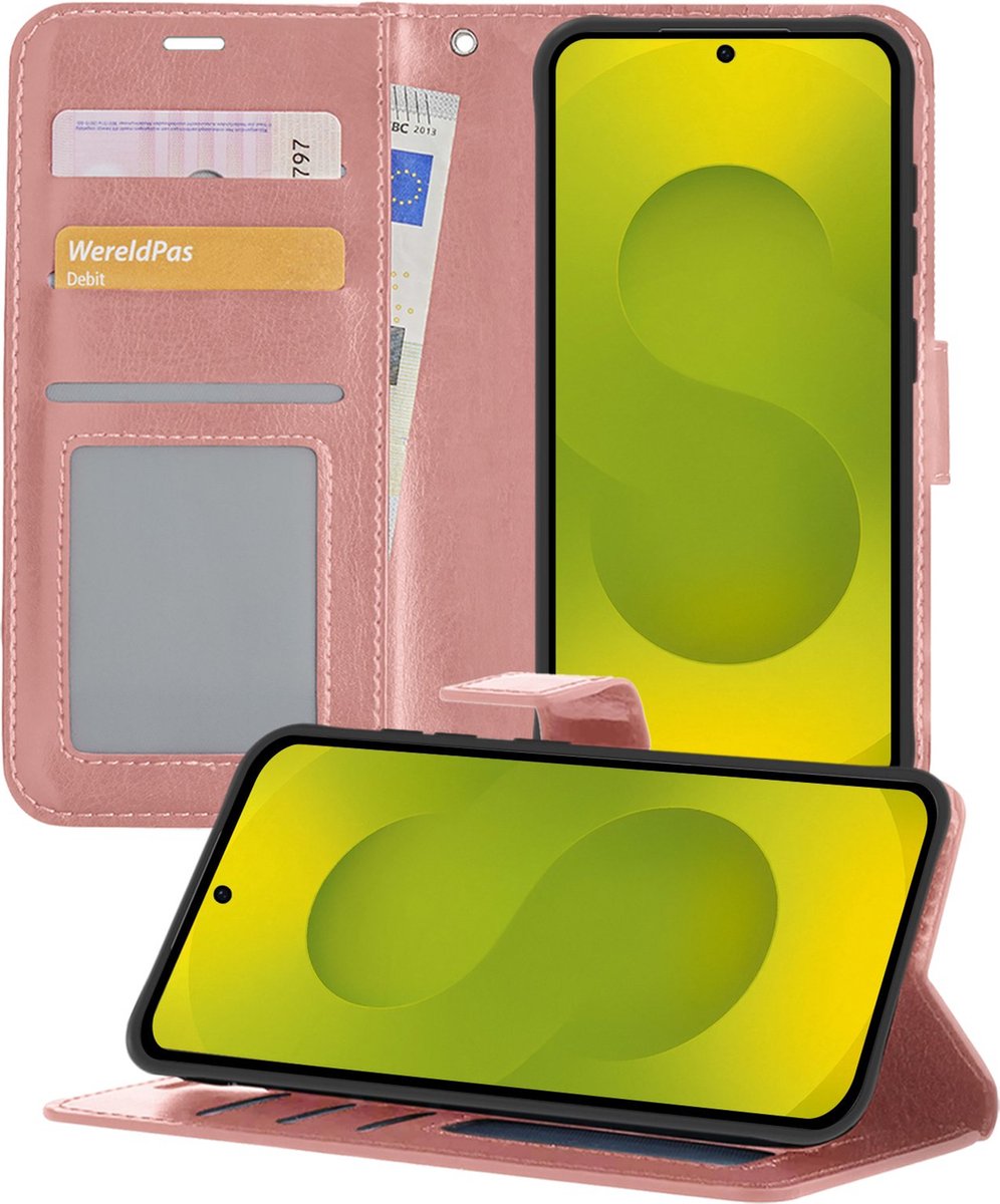 Hoesje - Met Pasjeshouder - Geschikt voor Samsung Galaxy S25 Plus - Luxe Bookcase Portemonee - Flip Case - Kunstleer Book Case - Flipcase - Book Cover - Walletcase - Portemonneehoes - Telefoonhoesjes - Rosé goud
