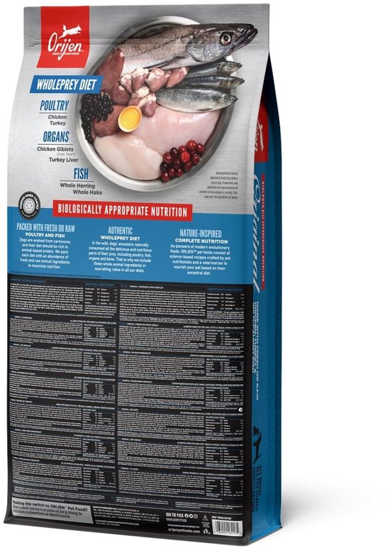 Achterkant van Orijen Original hondenvoer verpakking, met afbeelding van vlees en vis ingrediënten.