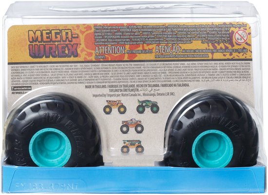 Verpakking van de MEGA-WREX monstertruck met vier kleinere monstertrucks op de achtergrond.