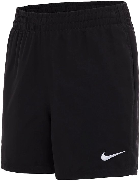 Zwarte zwembroek met elastische tailleband, trekkoord en witte Nike Swoosh logo op de linkerpijp, voorkant.