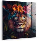 MuchoWow® Tableau sur verre 20x20 cm - Tableau sur verre acrylique - Lion - Fleurs - Feuilles - Animaux - Coloré - Photo sur verre - Décoration murale salon - Décoration murale chambre - Peintures