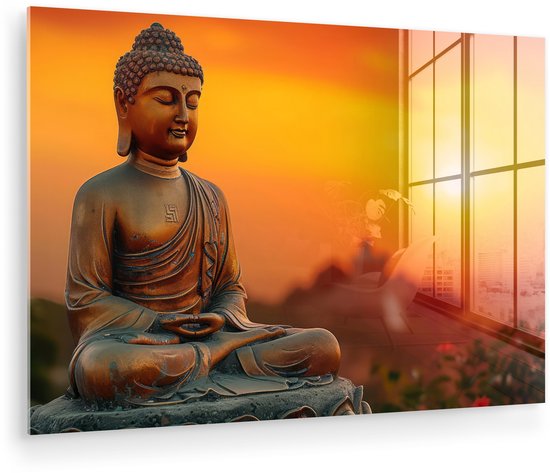 MuchoWow® Peinture sur verre 120x80 cm - Peinture sur verre - Bouddha - Image - Coucher de soleil - Bouddha - Zen - Japon - Photo sur verre acrylique - Décoration murale salon - Décoration murale chambre - Peintures