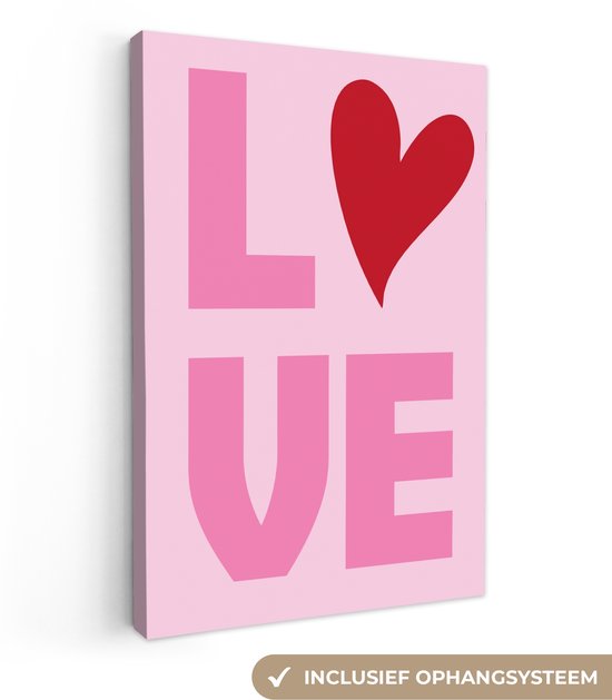 Canvas schilderij 20x30 cm - Wanddecoratie Love - Roze - Hart - Valentijn - Muurdecoratie woonkamer - Slaapkamer decoratie - Kamer accessoires - Schilderijen op canvas - Valentijn versiering - Cadeautje voor hem en haar - Valentijnsdag cadeautje