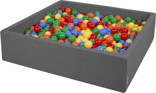 KiddyMoon piscine à balles carrée piscine à balles 120x30cm/300 balles ∅ piscine à balles carrée 7cm pour groupe de jeu bébé, fabriquée dans l'UE, gris foncé: jaune-vert-bleu-rouge-orange