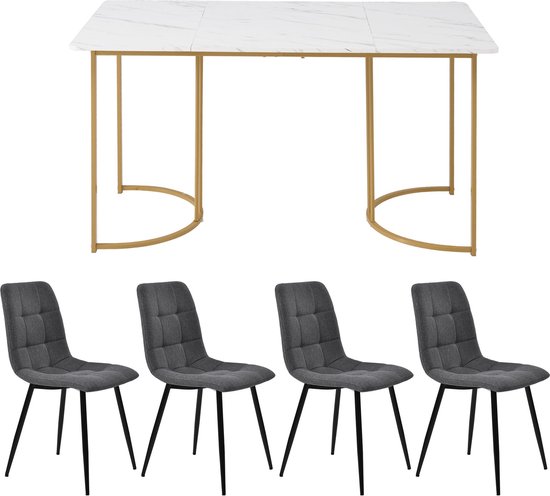 HOMCOM Tafel en stoelenset, 3-delige eettafel met 2 stoelen voor keuken, eetkamer, woonkamer, eigentijdse stijl, metalen frame, tafelblad van hout, natuurlijk wit