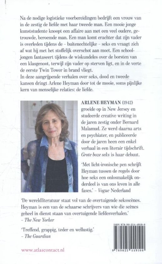 Foto van Arlene Heyman, auteur van Grote boze seks. Ze draagt een blauw vest over een paars shirt en heeft bruin haar. De achterkant van het boek staat ook op de foto.