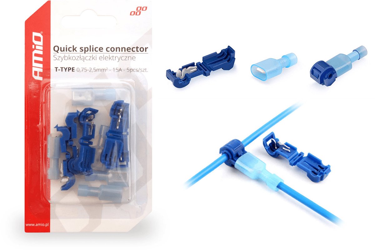 AMiO T-Type Snelsluitende Connector (075-25mm) 15A Blisterverpakking Blauw (5 sets)