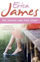 Een vrouw met een oranje jurk met haar tenen in het water, met de titel 'De zomer aan het meer' door Erica James.