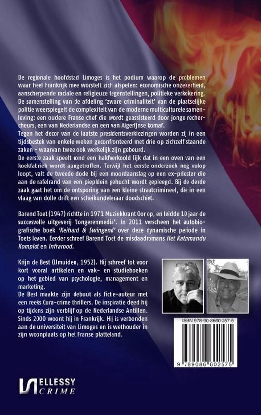 Achterkant van het boek "Crémation Criminelle" met tekst en foto's van de auteurs.