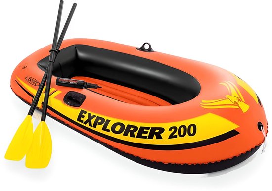 Bateau gonflable Intex Explorer 200 orange avec pagaies jaunes et une pompe.