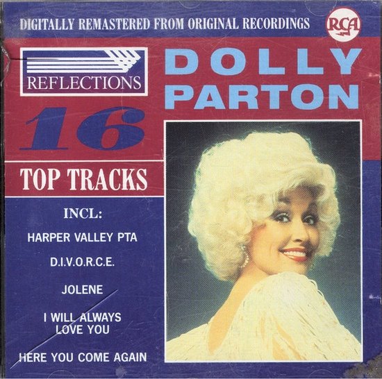 Dolly Parton 16 Top Tracks, avec Dolly Parton aux boucles blondes et un chapeau blanc.