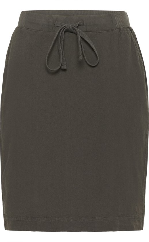 Voorkant van een donkergrijs Kaffe rok met strikceintuur en elastische tailleband.