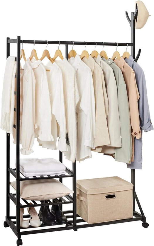 Bamboe kledingrek op wielen, open kledingkast, vrijstaande kapstok, kledingrek met 2 lagen opbergplanken organizer en een bovenste stang voor hangende kleding slaapkamer Bamboe kledingrek op wielen, open kledingkast, vrijstaande kapstok, kledingrek met 2 lagen opbergplanken organizer en een bovenste stang voor hangende kleding slaapkamer