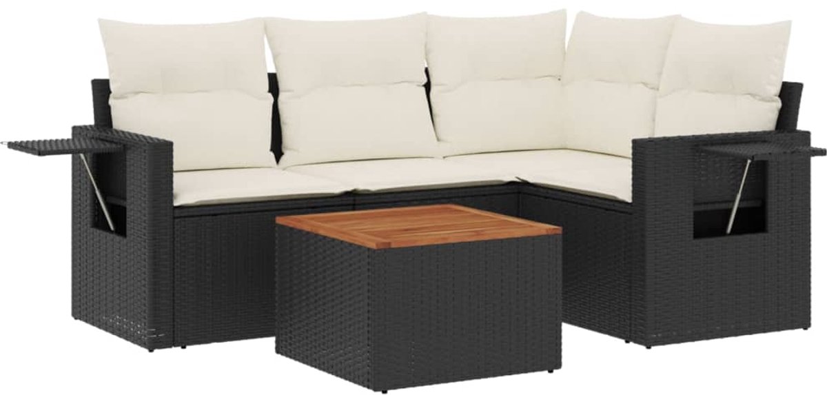 The Living Store 5-delige Loungeset met kussens poly rattan zwart - Loungeset - Tuinmeubelen - Lounge Set - Pe Rattan - Outdoor Furniture