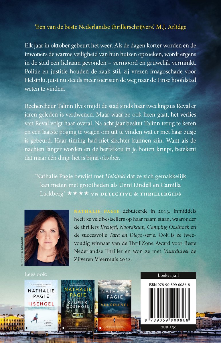 Een thriller met op de voorgrond een foto van de Nederlandse auteur Nathalie Pagie, met op de achtergrond haar boeken.