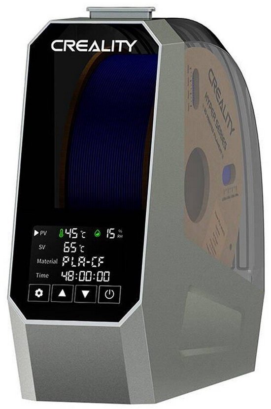 Creality filament droger met een blauwe spoel filament binnenin en een display met instellingen.