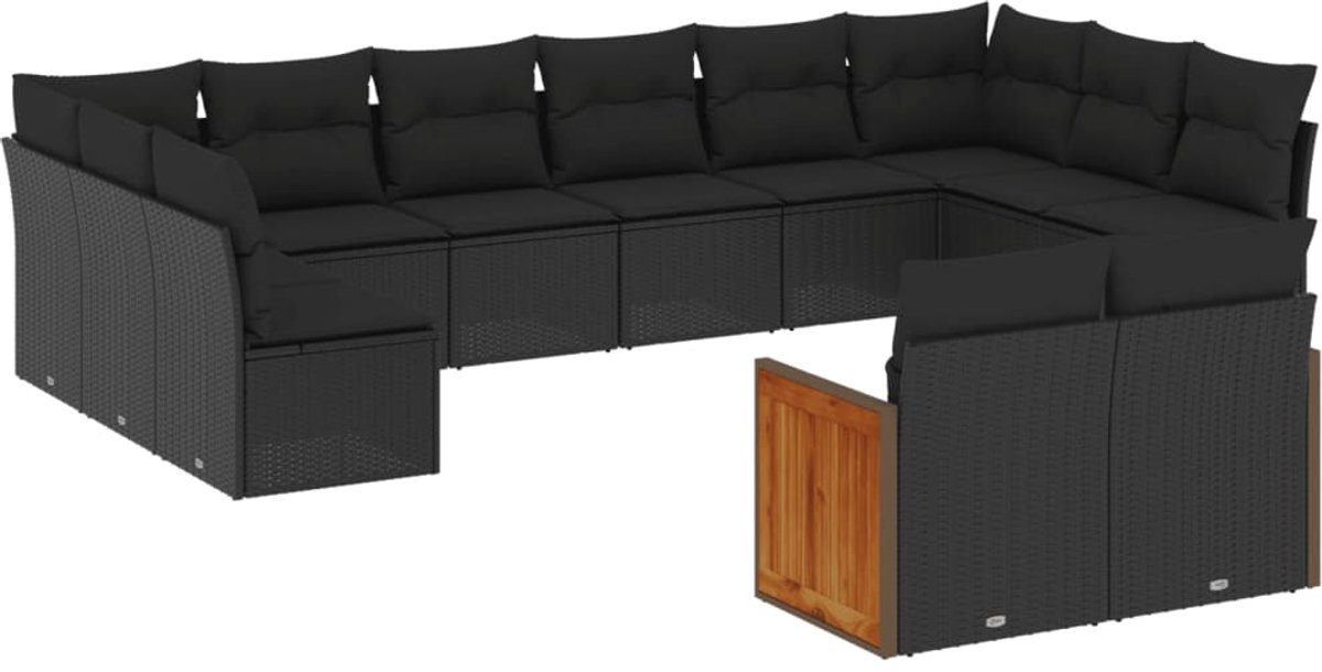 The Living Store 12-delige Loungeset met kussens poly rattan zwart - Loungebank - Lounge Set - Tuinset - Buitendecoratie - Outdoor Furniture