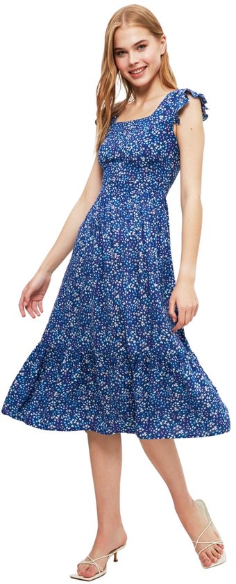 Trendyol Lila Bloemenprint Vierkante Kraag A-Lijn Viscose Midi Geweven Jurk Twoss20El3331