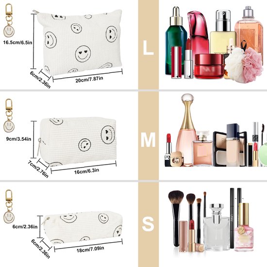 Mon ensemble de trousses de maquillage élégantes Ninki ® en trois pièces avec un Design souriant et une texture en velours côtelé