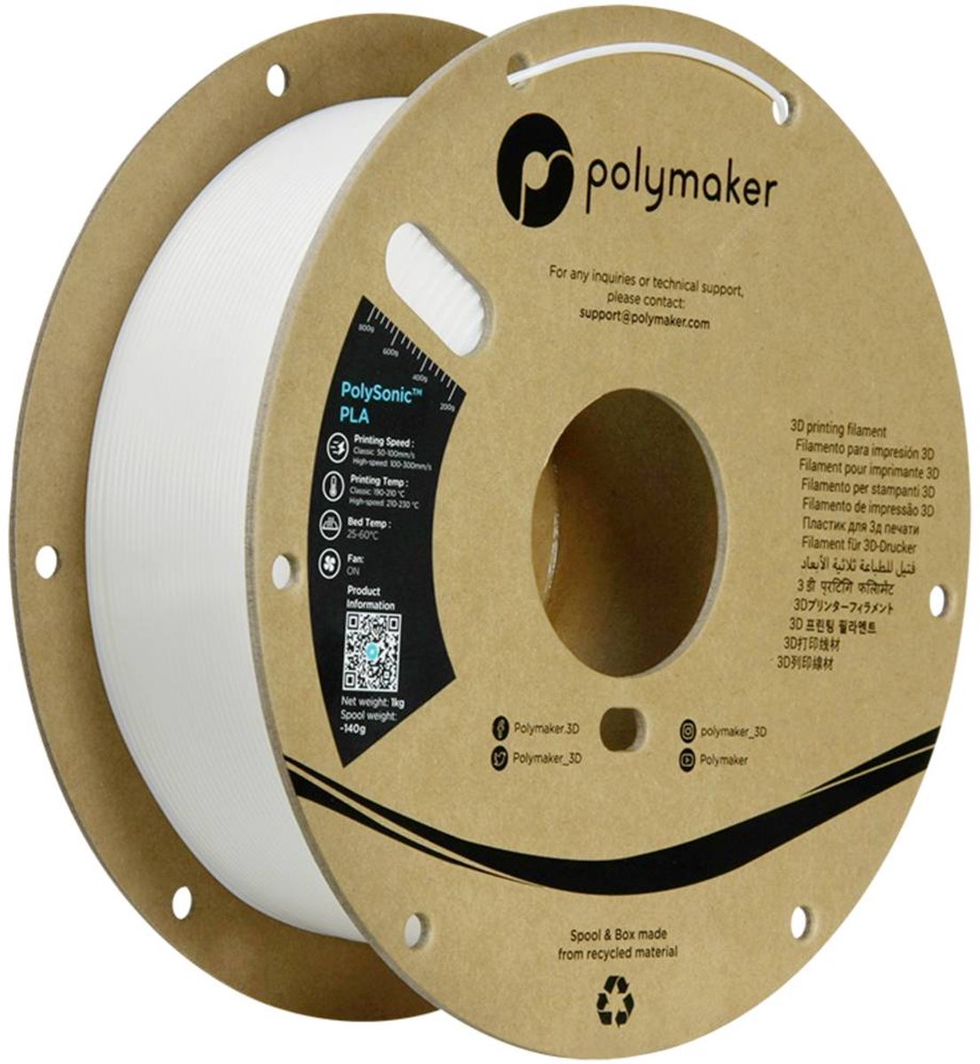 Polymaker PA12001 Filament PLA kunststof Highspeed filament 1.75 mm 1000 g Wit PolySonic™ 1 stuk(s)