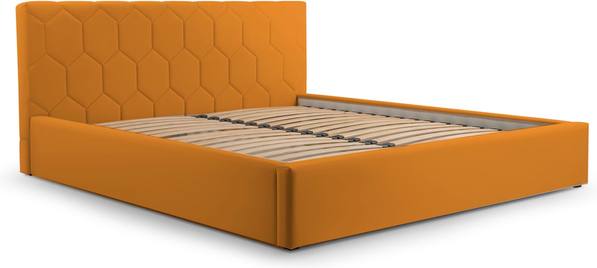Tweepersoonsbed met fluwelen bekleding, met hoofdeinde, lattenbodem, bed voor volwassenen - BED 02 - 140x200 - Donker geel (TRINITY 26)
