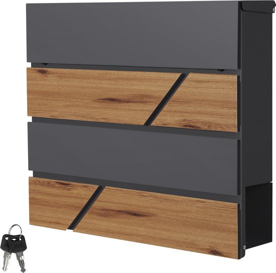 Brievenbus met krantenvak 37x36,5x11 cm antraciet/houtlook staal ML design