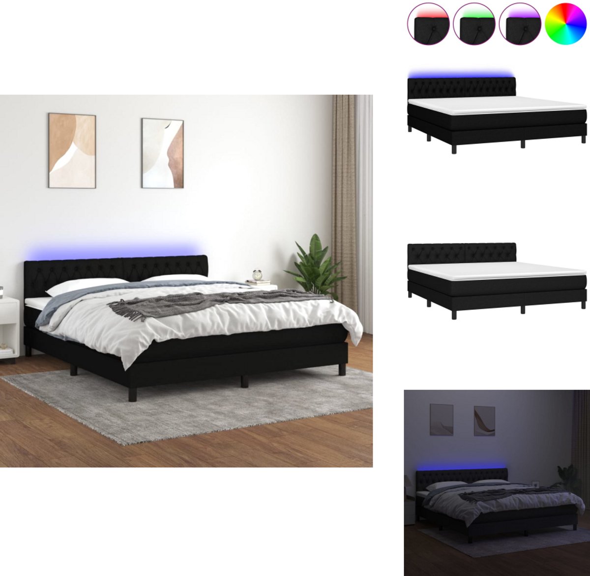 vidaXL Boxspring - Boxsprings - Bed - Slaapmeubel - Boxspring met matras en LED stof zwart 160x200 cm