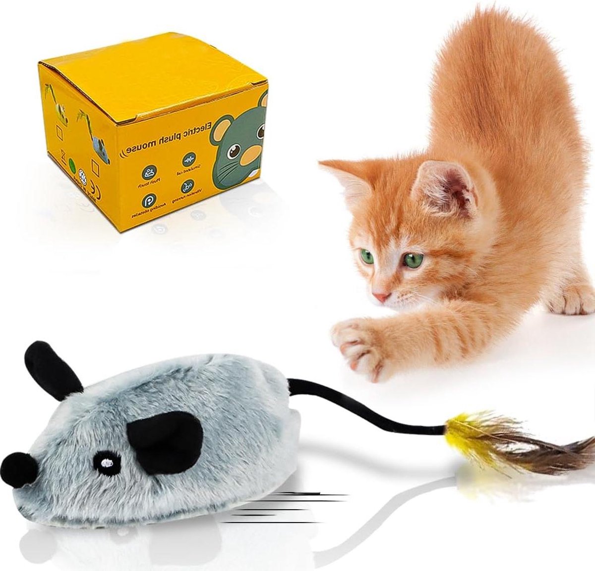 Interactief elektrisch kattenspeelgoed - speelmuis met veren - tegen verveling - kattenuitloop