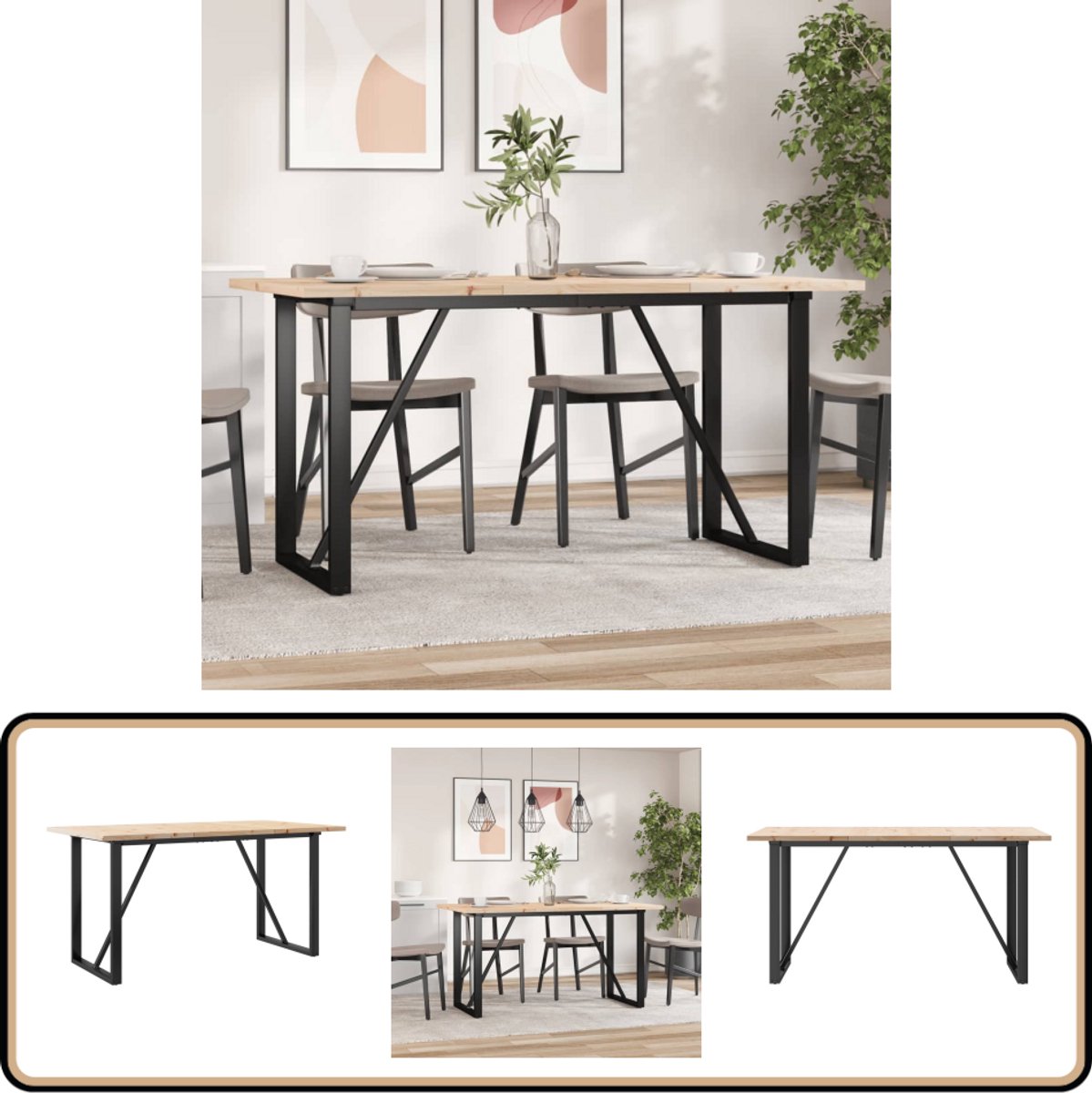vidaXL - Eettafel - O-frame - 160x80x75,5 - cm - massief - grenenhout - en - staal