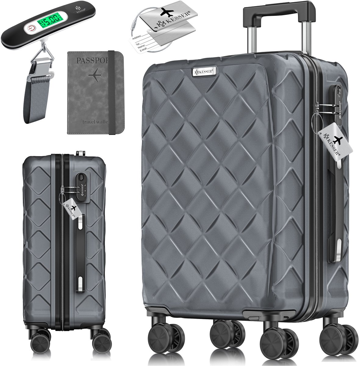 KESSER® Reiskoffer met Wielen 55L | Handbagage / Ruimbagage Koffer inclusief Paspoorthouder & kofferweegschaal & bagagelabel | Trolley Koffers met TSA Cijferslot - Antraciet