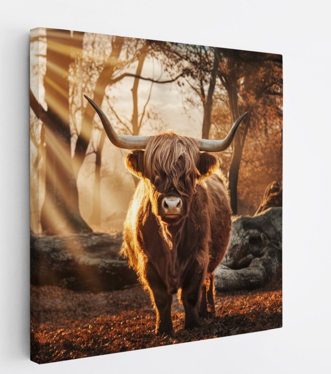 Saammp Canvas Schilderij - Schotse Hooglander Koe in een bos met zonsondergang - Dieren - Natuur - 60x60 - Foto op canvas - Wanddecoratie - muurdecoratie Woonkamer - Slaapkamer decoratie - Canvas Print Multicolor