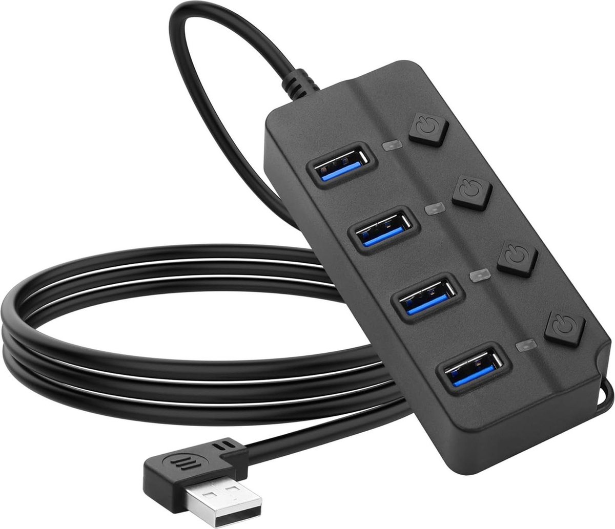 Image of 90 graden USB-hub splitter – dataknop USB 2.0 met individuele LED aan/uit schakelaar, DC5.5 * 2.1 voedingsconnector voor laptop, pc, computer (4 poorten, 1m)